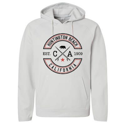 Huntington Beach California Ca Retro Surfer Performance Fleece Hoodie