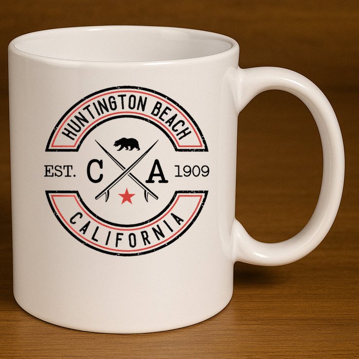 Huntington Beach California Ca Retro Surfer 11oz C Handle Ceramic Mug