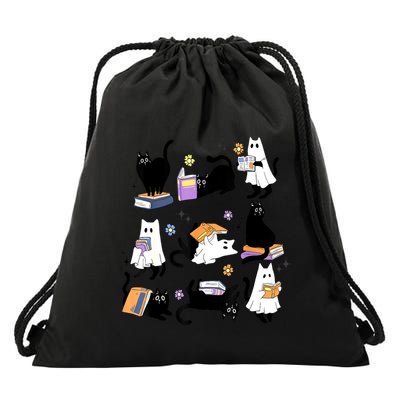 Halloween Bookish Cute Ghost Black Cat Reading Books Spooky Gift Drawstring Bag