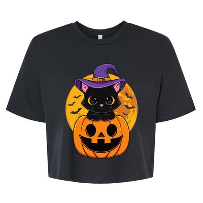 Halloween Black Cat Witch Hat Pumpkin Bella+Canvas Jersey Crop Tee