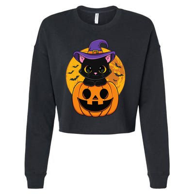 Halloween Black Cat Witch Hat Pumpkin Cropped Pullover Crew