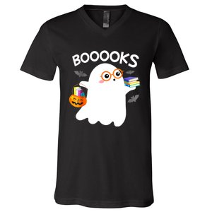 Halloween Booooks Cute Ghost Reading Library Books Halloween V-Neck T-Shirt