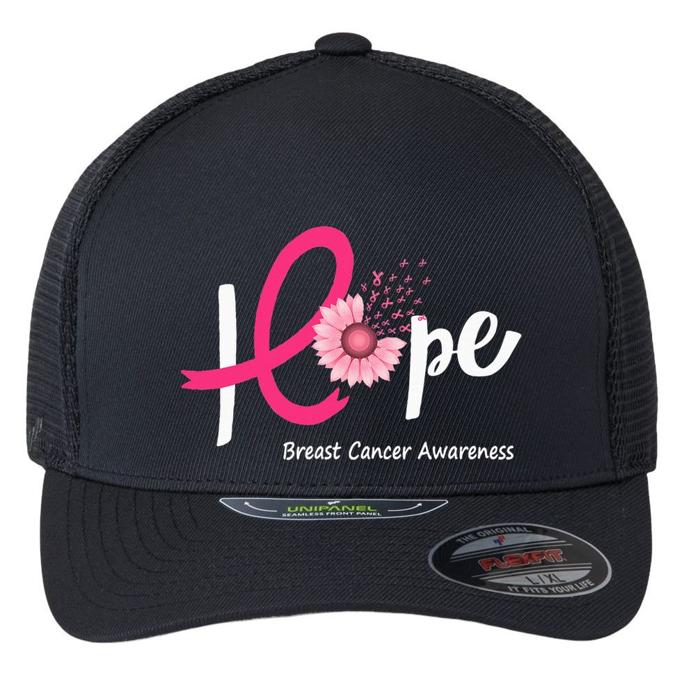 Hope Breast Cancer Pink Ribbons Sunflower October Month Flexfit Unipanel Trucker Cap