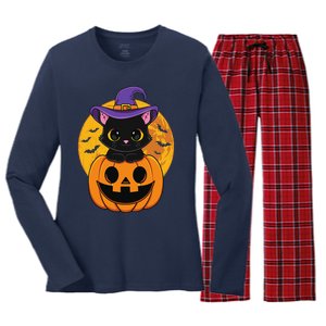 Halloween Black Cat Witch Hat Pumpkin For Women's Long Sleeve Flannel Pajama Set 