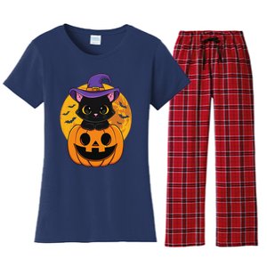 Halloween Black Cat Witch Hat Pumpkin For Women's Flannel Pajama Set