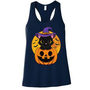 Halloween Black Cat Witch Hat Pumpkin For Women's Racerback Tank