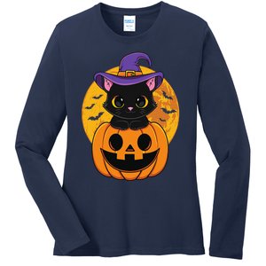 Halloween Black Cat Witch Hat Pumpkin For Ladies Long Sleeve Shirt