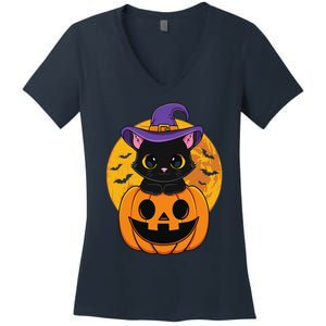 Halloween Black Cat Witch Hat Pumpkin For Women's V-Neck T-Shirt