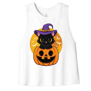 Halloween Black Cat Witch Hat Pumpkin For Women's Racerback Cropped Tank