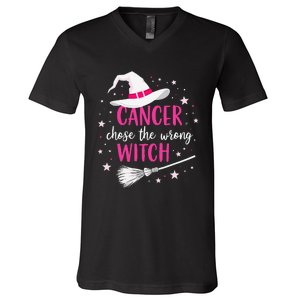 Halloween Breast Cancer Quote Cancer Chose The Wrong Witch V-Neck T-Shirt