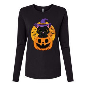 Halloween Black Cat Witch Hat Pumpkin For Womens Cotton Relaxed Long Sleeve T-Shirt