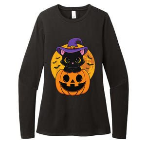 Halloween Black Cat Witch Hat Pumpkin For Womens CVC Long Sleeve Shirt