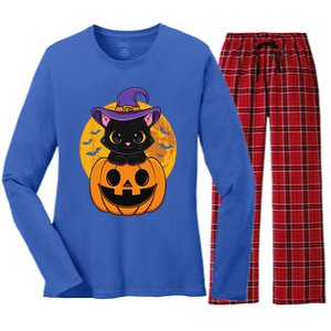 Halloween Black Cat Witch Hat Pumpkin For Women's Long Sleeve Flannel Pajama Set 