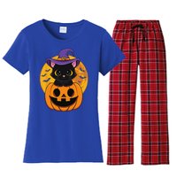 Halloween Black Cat Witch Hat Pumpkin For Women's Flannel Pajama Set