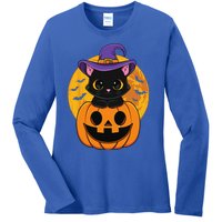 Halloween Black Cat Witch Hat Pumpkin For Ladies Long Sleeve Shirt