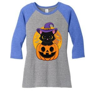 Halloween Black Cat Witch Hat Pumpkin For Women's Tri-Blend 3/4-Sleeve Raglan Shirt