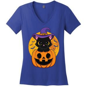 Halloween Black Cat Witch Hat Pumpkin For Women's V-Neck T-Shirt