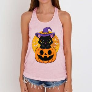 Halloween Black Cat Witch Hat Pumpkin For Women's Knotted Racerback Tank