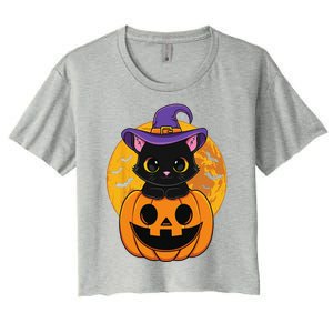 Halloween Black Cat Witch Hat Pumpkin For Women's Crop Top Tee