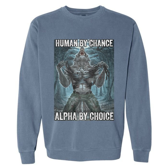 Human By Chance Alpha By Choice Cool Funny Alpha Wolf Meme Garment-Dyed Sweatshirt
