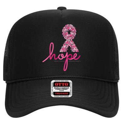 Hope Breast Cancer Awareness Shirt Pink Flowers Ribbon High Crown Mesh Back Trucker Hat