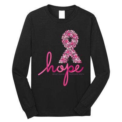 Hope Breast Cancer Awareness Shirt Pink Flowers Ribbon Long Sleeve Shirt