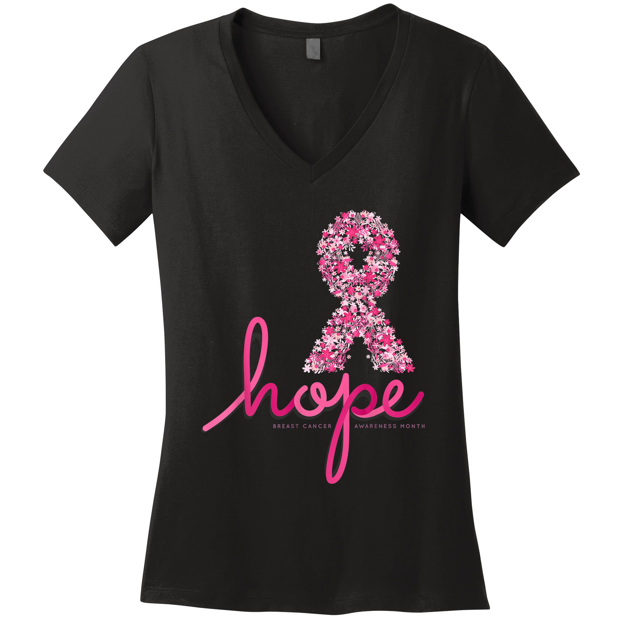 Hope Breast Cancer Awareness Shirt Pink Flowers Ribbon Women's V-Neck T-Shirt