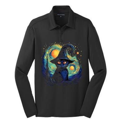 Halloween Black Cat Kitten Kitty Cat Witch Silk Touch Performance Long Sleeve Polo