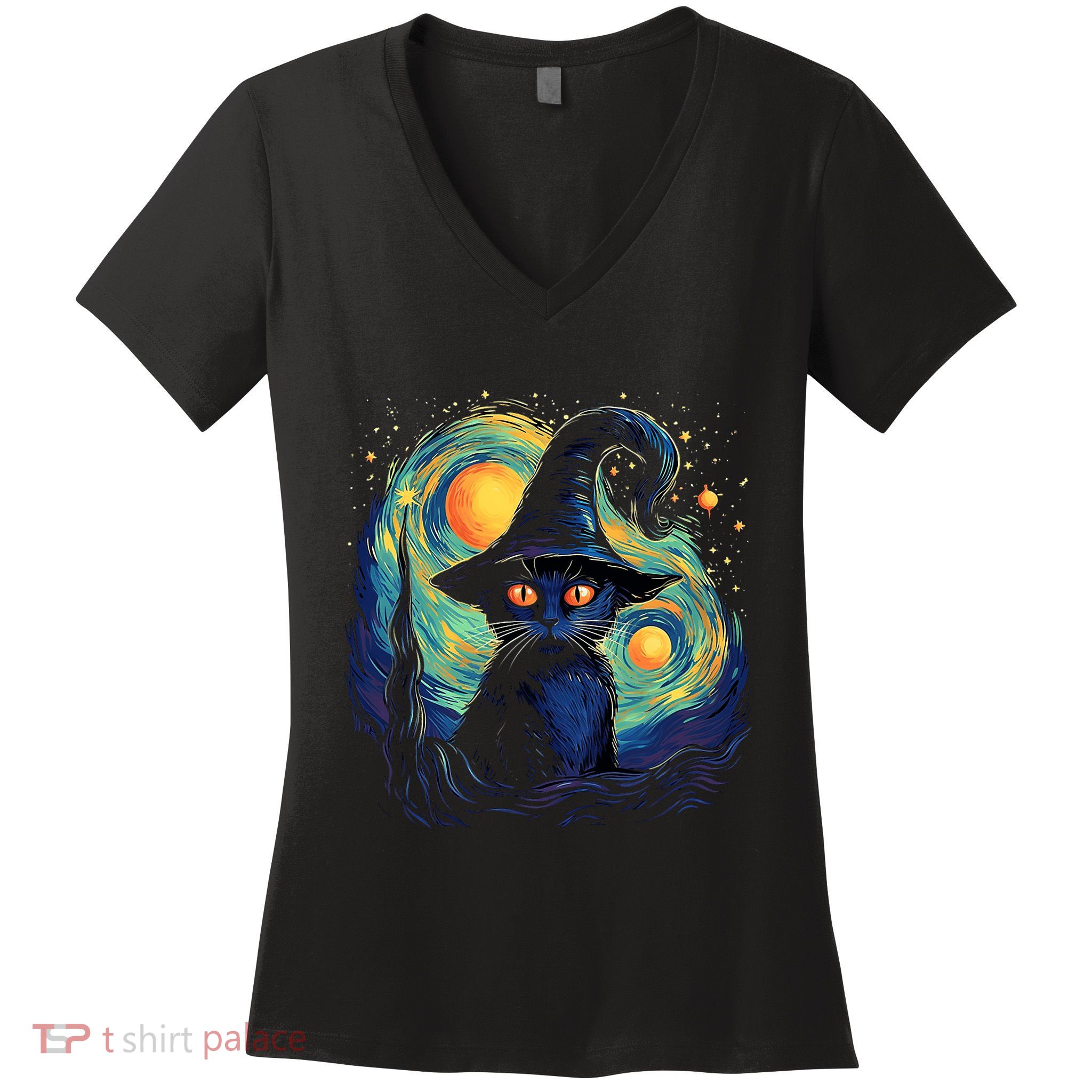 Halloween Black Cat Kitten Kitty Cat Witch Women's V-Neck T-Shirt