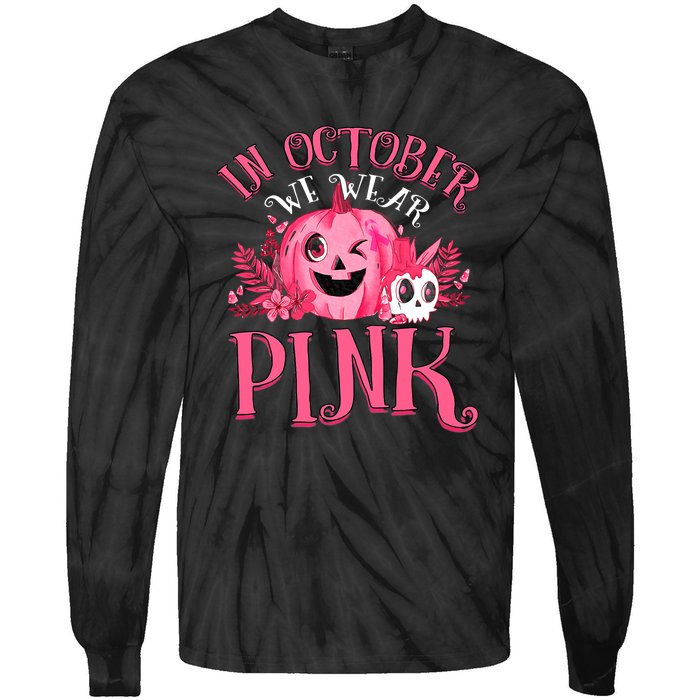 Halloween Breast Cancer In October We Wear Pink Pumpkin Tie-Dye Long Sleeve Shirt