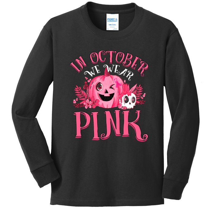 Halloween Breast Cancer In October We Wear Pink Pumpkin Kids Long Sleeve Shirt