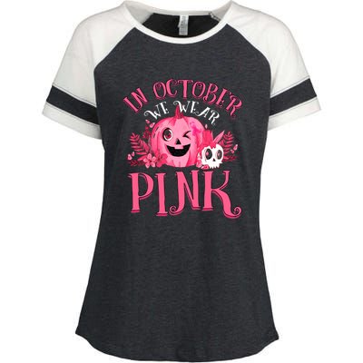 Halloween Breast Cancer In October We Wear Pink Pumpkin Enza Ladies Jersey Colorblock Tee