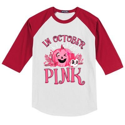 Halloween Breast Cancer In October We Wear Pink Pumpkin Kids Colorblock Raglan Jersey