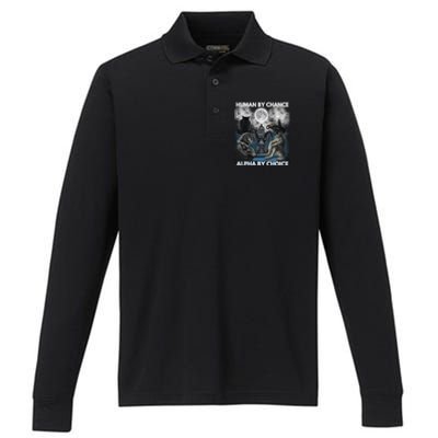 Human By Chance Alpha By Choice Wolf Vintage Performance Long Sleeve Polo