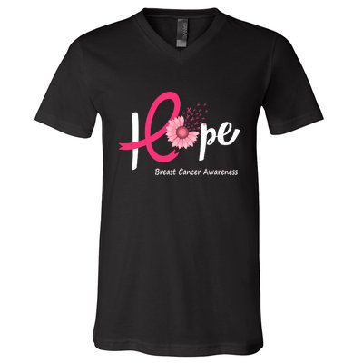 Hope Breast Cancer Pink Ribbons Sunflower October Month V-Neck T-Shirt