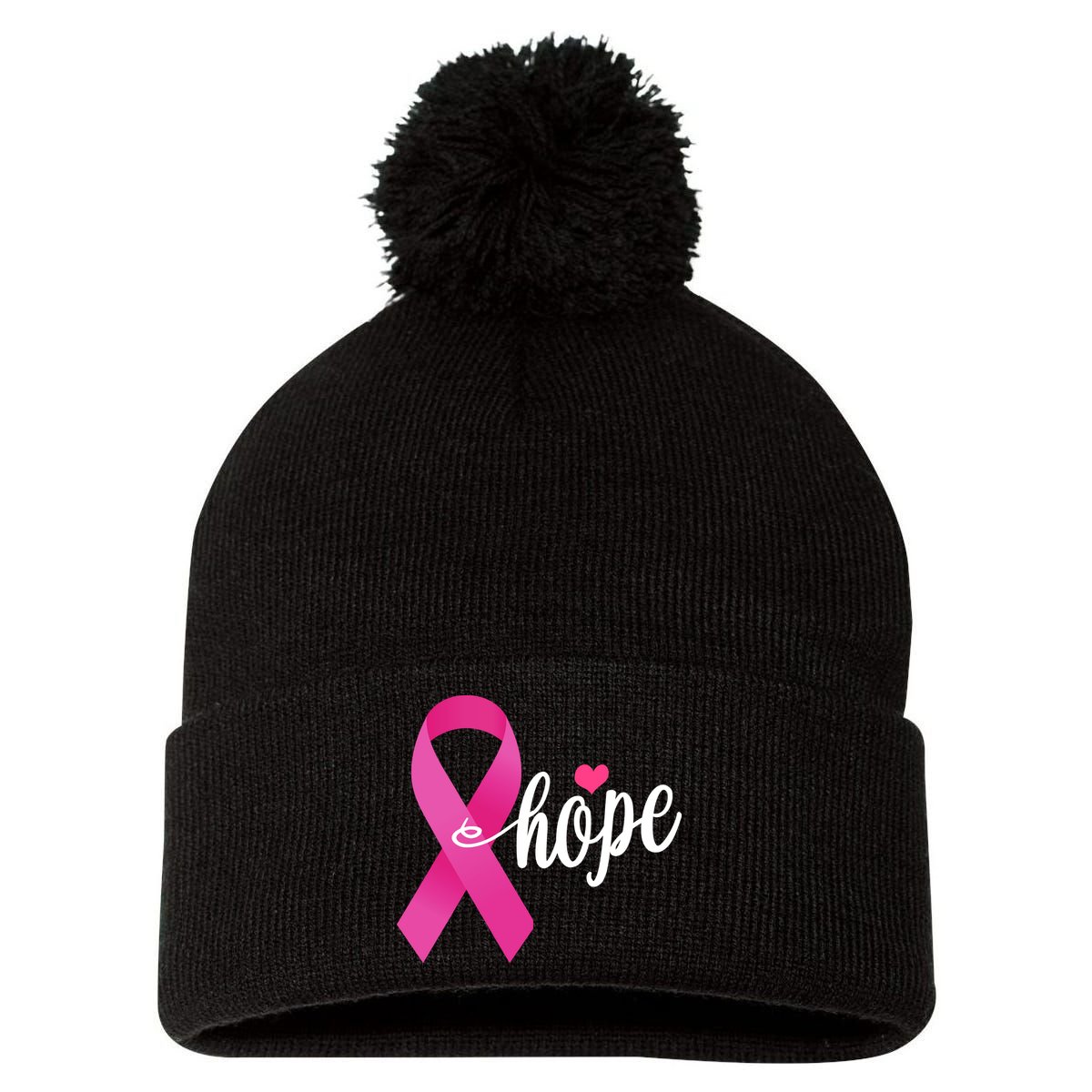Hope Breast Cancer Awareness Ribbon Pom Pom 12in Knit Beanie