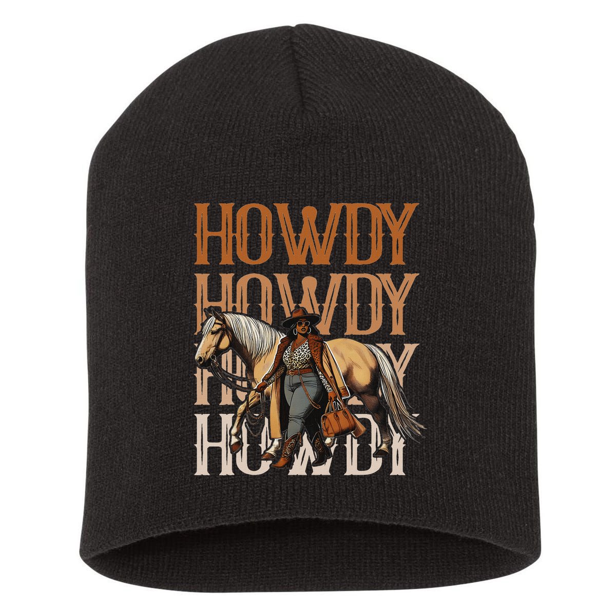 Howdy Black Cowgirl Country Western Rodeo Melanin Texas Short Acrylic Beanie