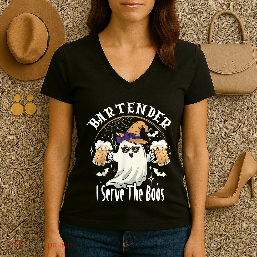 Halloween Bartender Costume I Serve The Boos Women's V-Neck T-Shirt