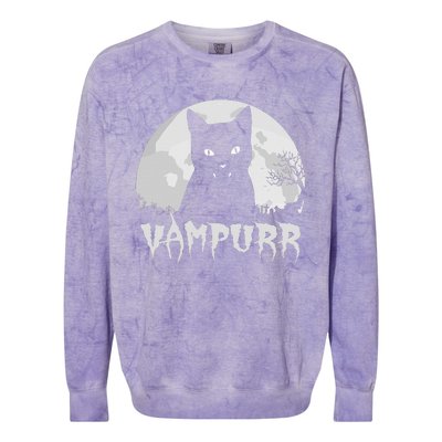 Halloween Black Cat Vampire With Full Moon Vampurr Pun Colorblast Crewneck Sweatshirt