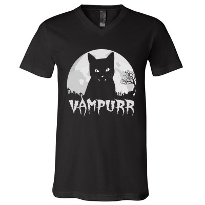 Halloween Black Cat Vampire With Full Moon Vampurr Pun V-Neck T-Shirt