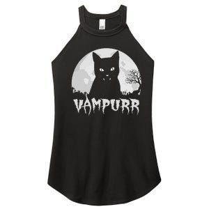 Halloween Black Cat Vampire With Full Moon Vampurr Pun Women's Perfect Tri Rocker Tank