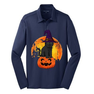 Halloween Black Cat Witch Pumpkin Halloween Silk Touch Performance Long Sleeve Polo