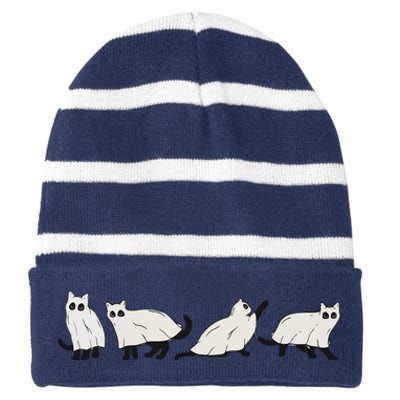 Halloween Black Cat, Ghost, Spooky Season Striped Beanie with Solid Band