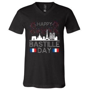 Happy Bastille Day France Paris French Flag Fireworks V-Neck T-Shirt