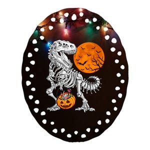 Halloween Boys Dinosaur Skeleton T Rex Scary Pumpkin Moon Ceramic Oval Ornament