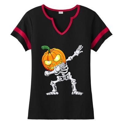 Halloween Boys Dabbing Skeleton Scary Pumpkin Jack O Lantern Ladies Halftime Notch Neck Tee