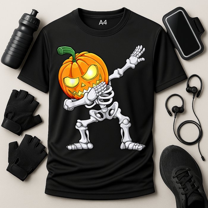 Halloween Boys Dabbing Skeleton Scary Pumpkin Jack O Lantern Cooling Performance Crew T-Shirt
