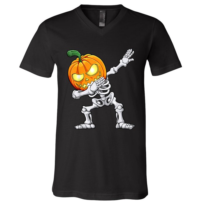 Halloween Boys Dabbing Skeleton Scary Pumpkin Jack O Lantern V-Neck T-Shirt