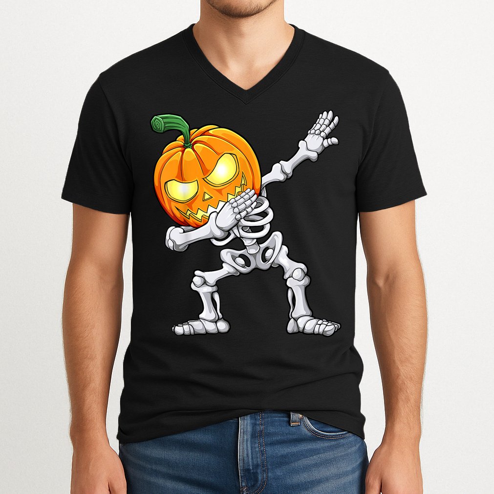 Halloween Boys Dabbing Skeleton Scary Pumpkin Jack O Lantern V-Neck T-Shirt