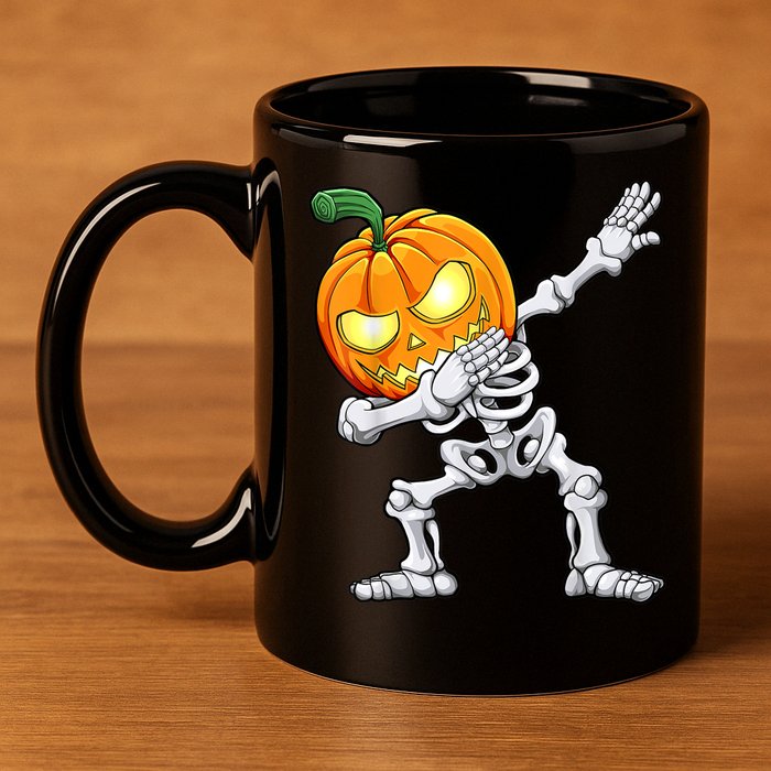 Halloween Boys Dabbing Skeleton Scary Pumpkin Jack O Lantern 11oz C Handle Ceramic Mug